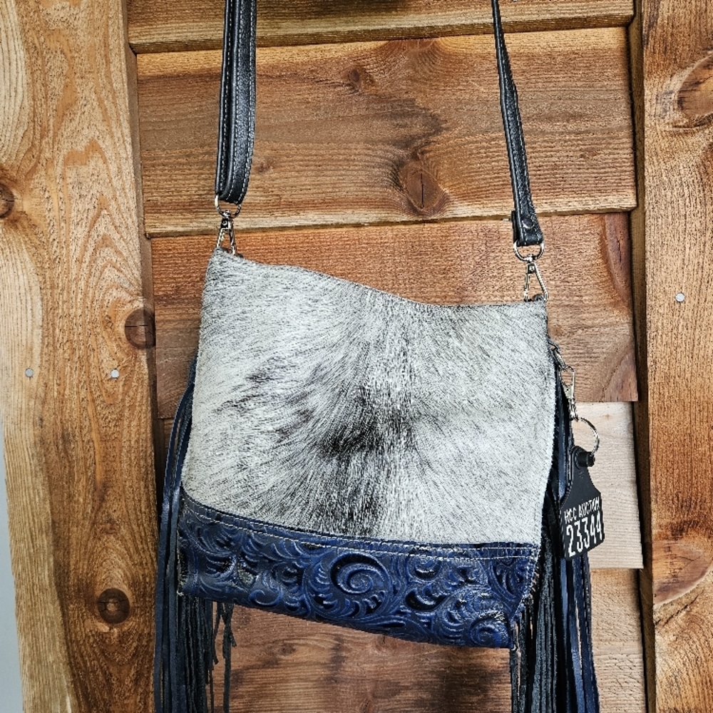 Black and White Leather Fringe Shoulder Bag